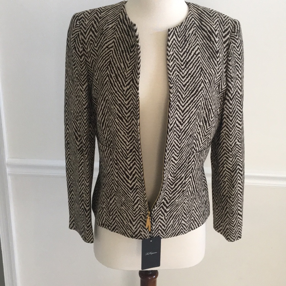 Les Copains Gorgeous NWT Size 4 Zip Jacket Chocolate & Ivory Animal Print Jacket - Picture 3 of 8